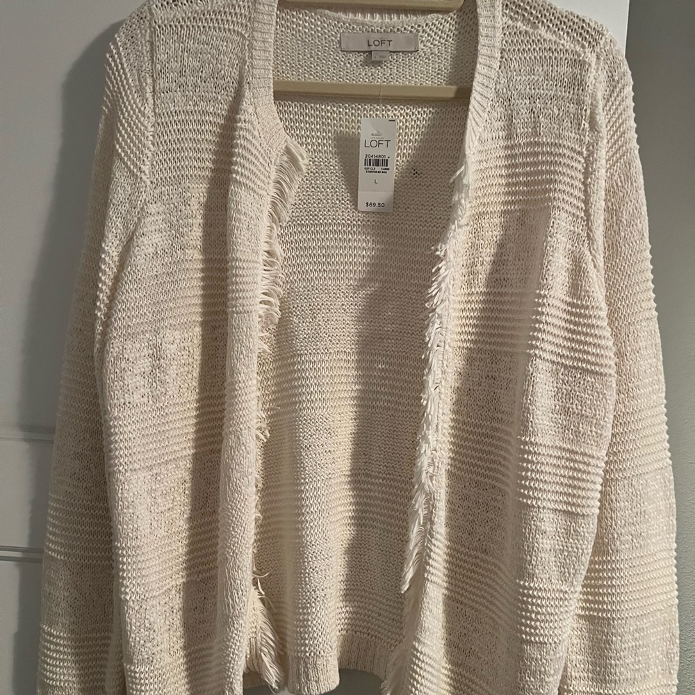 Loft cream, open-front, loose weave fringe cardigan, new with tags